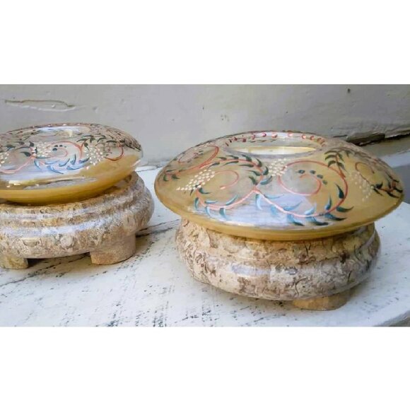 Vintage Hand Painted Madiggan Australia Glass Votives on Onyx/Marble stands - Picture 1 of 7